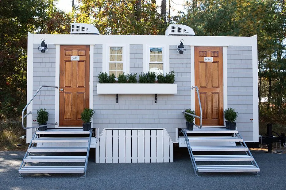Wedding restroom units discretely staged at a venue in Ontario, California